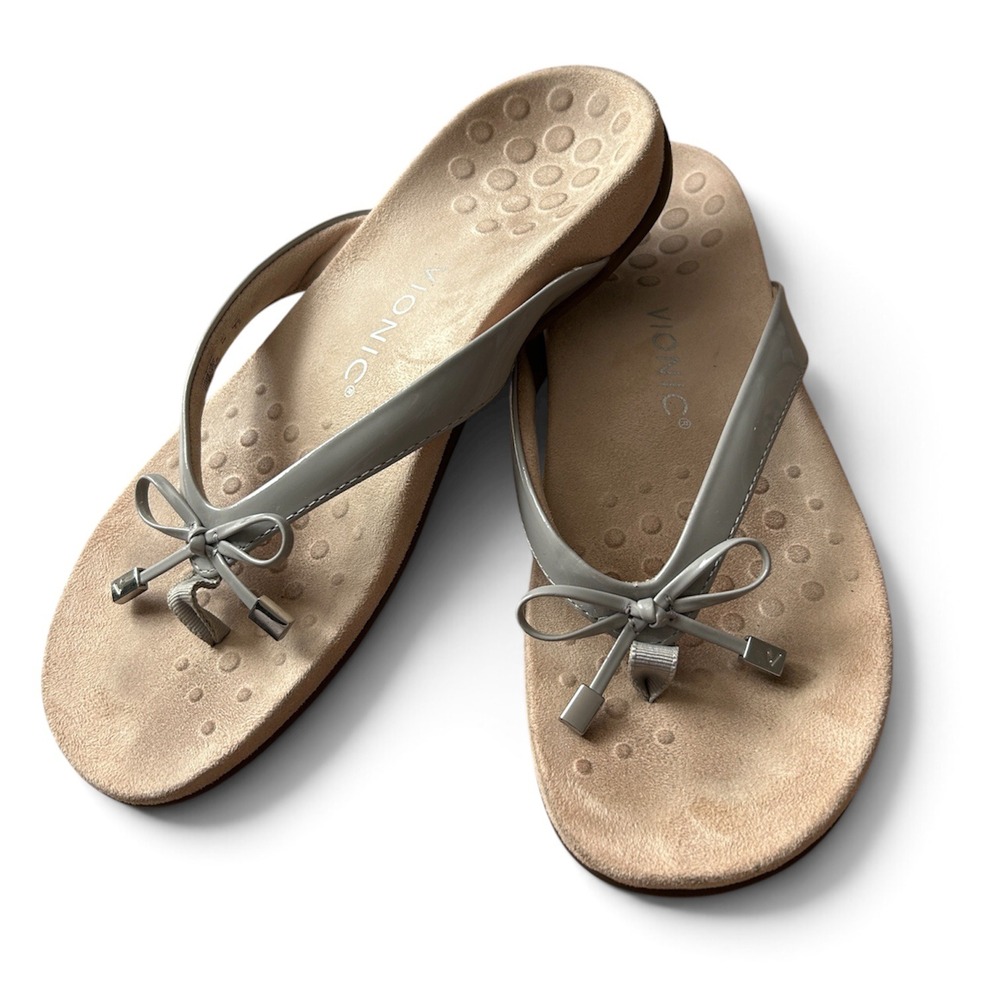 Vionic Bella Grey Patent Bow Thong Flip Flop Sandals Womens 9 Orthotic Support